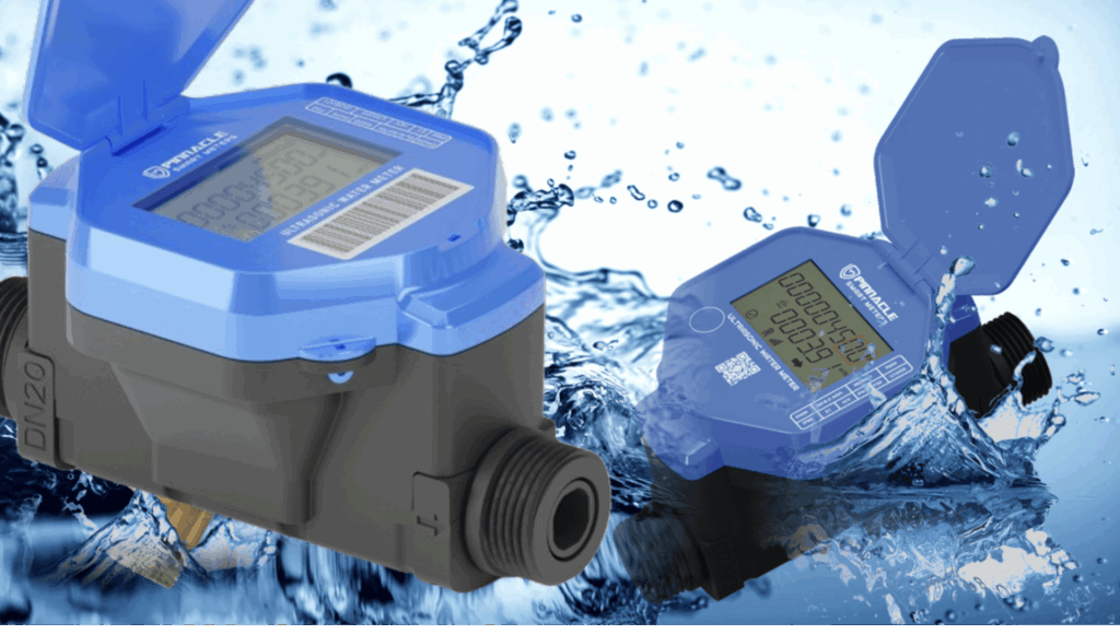Two blue Pinnacle ultrasonic smart meter units displayed against a splashing water background, highlighting high-precision digital water management technology.
