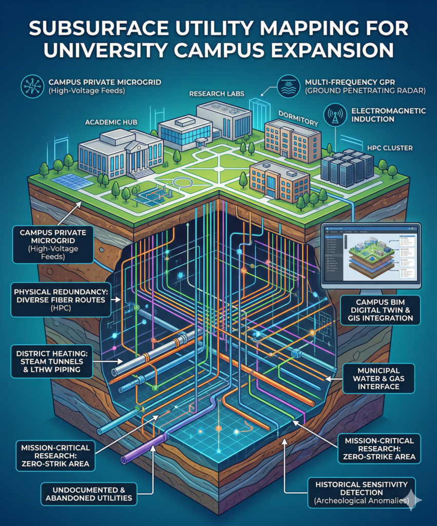3D digital cross-section illustrating comprehensive subsurface utility mapping beneath a university campus by Maya Global Group.