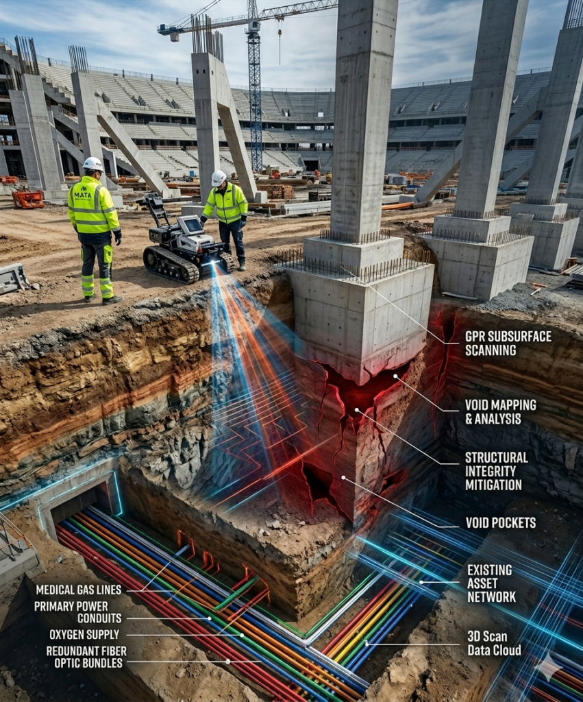 A detailed technical 3D visualization, without the main top title, showing a dynamic isometric view of a major stadium construction site. On the upper ground, two technicians in high-visibility safety gear with hard hats and 'MAYA' vests operate a GPR unit on a crawler robot. The subsurface visualization reveals critical void zones and fissures, illuminated in deep red with technical annotations. Integrated English labels point to: 'GPR SUBSURFACE SCANNING', 'VOID MAPPING & ANALYSIS', 'STRUCTURAL INTEGRITY MITIGATION', 'VOID POCKETS', 'EXISTING ASSET NETWORK', 'MEDICAL GAS LINES', 'PRIMARY POWER CONDUITS', 'OXYGEN SUPPLY', 'REDUNDANT FIBER OPTIC BUNDLES', and '3D Scan Data Cloud'. The foreground trench section shows the complex subterranean asset network. The background shows a crane and partial stadium seating, all within natural earth tones.