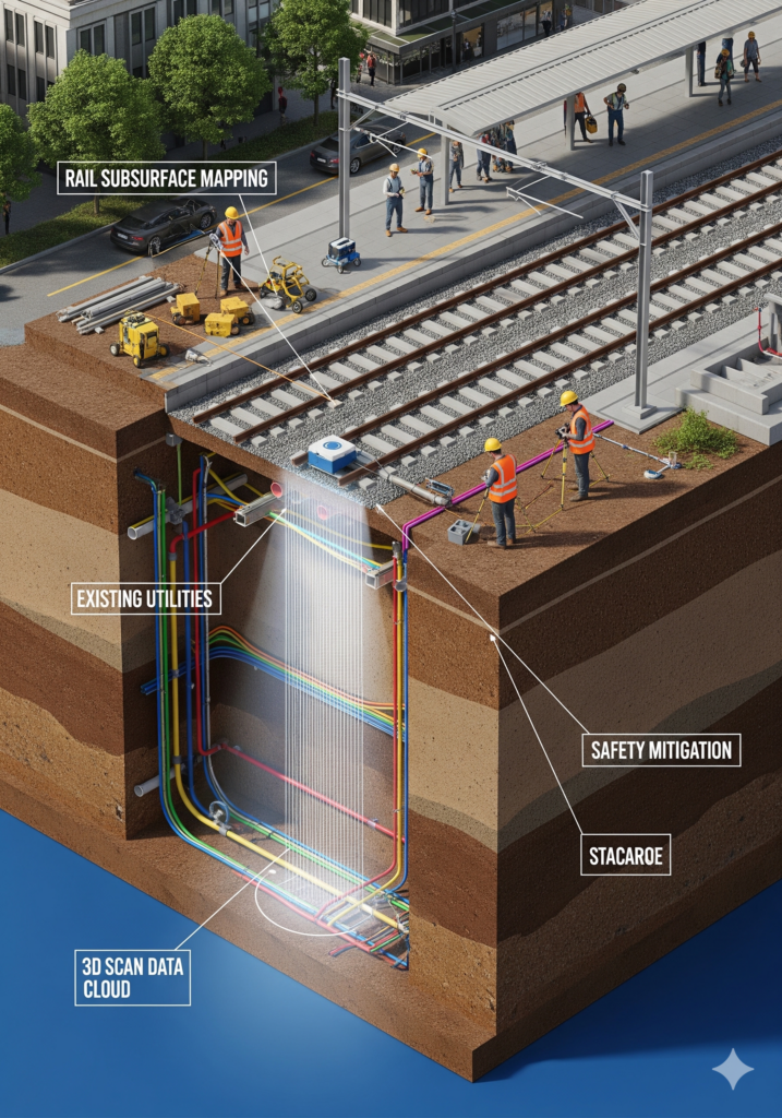 A detailed, full-color isometric cross-section of a railway expansion project. Above ground, technicians in MAYA safety gear operate GPR equipment near new train tracks. Below the surface, a clear 3D visualization reveals a complex network of existing utilities like power cables and pipes, with digital scanning lines illuminating the path. White labels point to 'RAIL SUBSURFACE MAPPING', 'EXISTING UTILITIES', '3D SCAN DATA CLOUD', and 'SAFETY MITIGATION'.