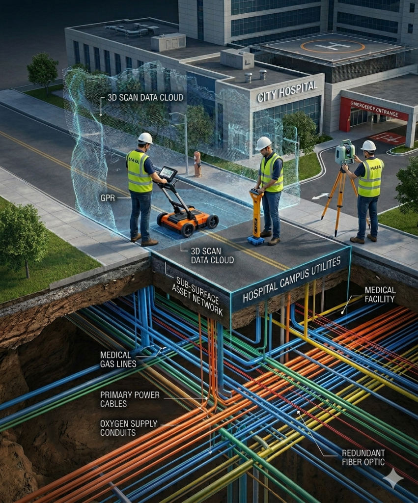 A detailed, full-color technical visualization, now with natural daylight over the City Hospital campus and a clear, rich-toned subsurface cross-section. All obscuring blue gradients have been removed. Technicians are visible on the surface with hard hats and MAYA vests operating GPR and scanners. Below ground, the earth is layered in natural browns, revealing an intricate, organized network of color-coded utilities (pipes, conduits, cables) in glowing blue, orange, red, and green against the clear soil. Integrated white labels point to: "3D SCAN DATA CLOUD," "GPR," "HOSPITAL CAMPUS UTILITES," "MEDICAL GAS LINES," "PRIMARY POWER CABLES," "OXYGEN SUPPLY CONDUITS," and "REDUNDANT FIBER OPTIC."