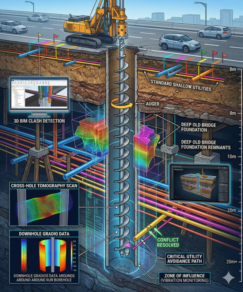 A digital cross-section illustrating a drilling rig utilizing advanced subsurface mapping and 3D BIM to safely avoid underground utilities during deep bridge foundation excavation.