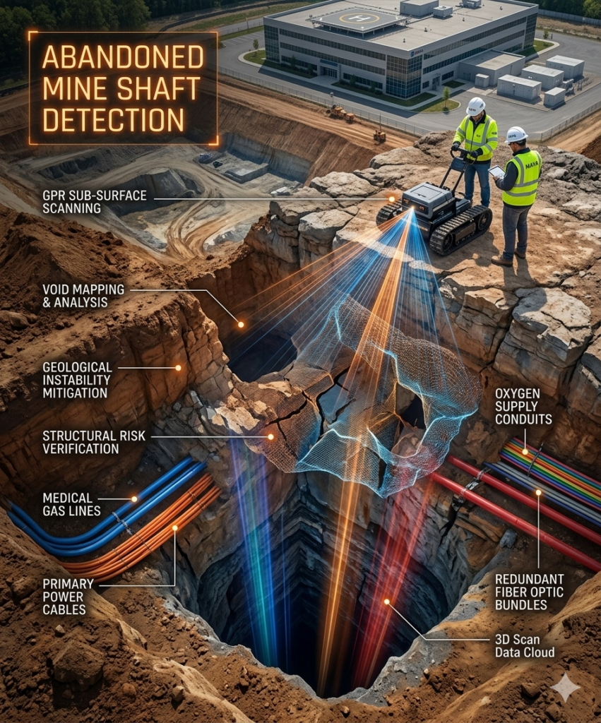 A detailed technical visualization, presented as a full photograph without graphic panels, showing a dramatic, deep aerial view diving into a massive, rugged land development excavation site. Technicians with 'MAYA' vests are on the upper ground using GPR. Intricate scanning beams penetrate the soil and rock to reveal previously hidden, dangerous vertical mine shafts. All elements are seamlessly integrated into a single, high-tech map view, emphasizing the scale, risk, and structural instability mitigation.