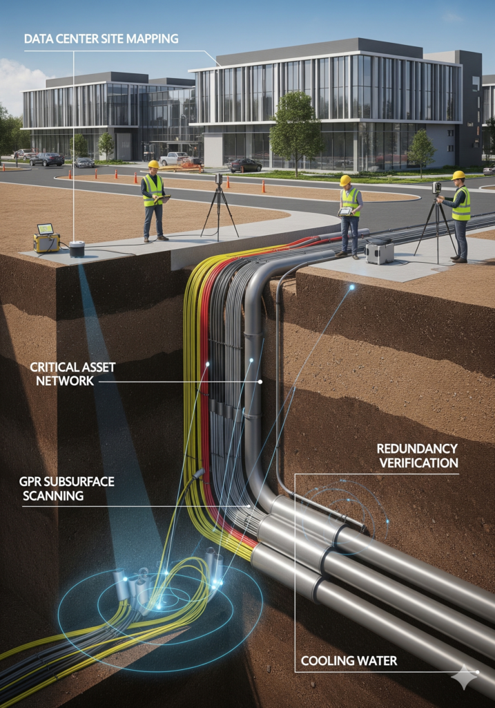 A detailed technical 3D visualization, presented as a full photograph without graphic panels, showing a diverse isometric cross-section of a busy marine terminal. Technicians with 'MAYA' vests are on the concrete pier using GPR. The visualization reveals a complex network of submarine utilities, including thick underwater power cables, fuel lines, and communications fibers beneath the seabed and pier. White technical labels point to 'MARINE TERMINAL MAPPING', 'SUBMARINE UTILITY NETWORK', 'GPR SEASIDE SCANNING', and 'OPERATIONAL RISK MITIGATION'.