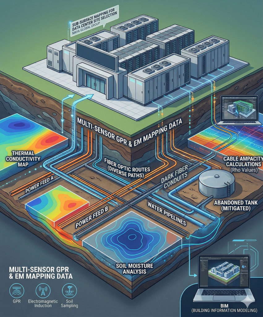 Detailed infographic illustrating subsurface mapping of utilities and environmental data beneath a data center site.