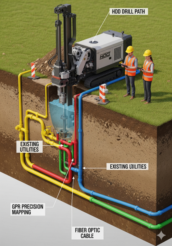A detailed, full-color isometric cross-section of a fiber optic trenching project. Above ground, an HDD drilling machine is operated by technicians in safety gear. Below the surface, in natural earth tones, a new blue fiber optic cable is precision-guided through a safe path between existing color-coded utilities (gas, power, water). White technical labels point to: 'HDD DRILL PATH', 'EXISTING UTILITIES', 'GPR PRECISION MAPPING', and 'FIBER OPTIC CABLE'.