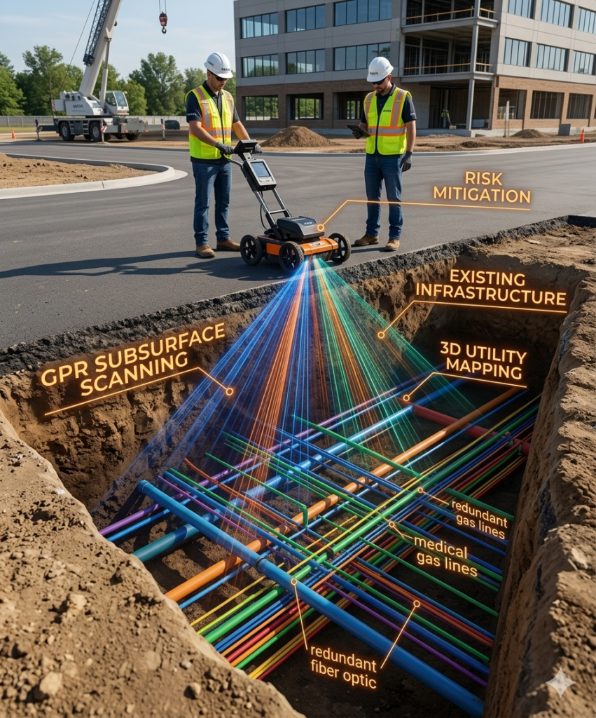 A technical 3D visualization, presented as a full photograph without graphic panels, showing an isometric view of a commercial construction site. Technicians with 'MAYA' vests are on the surface using GPR. Dynamic scanning beams (blue, orange, green) penetrate the soil to reveal a complex, organized subterranean asset network, featuring color-coded medical gas lines and redundant fiber optic cables. All elements are seamlessly integrated into a single, high-tech map view.