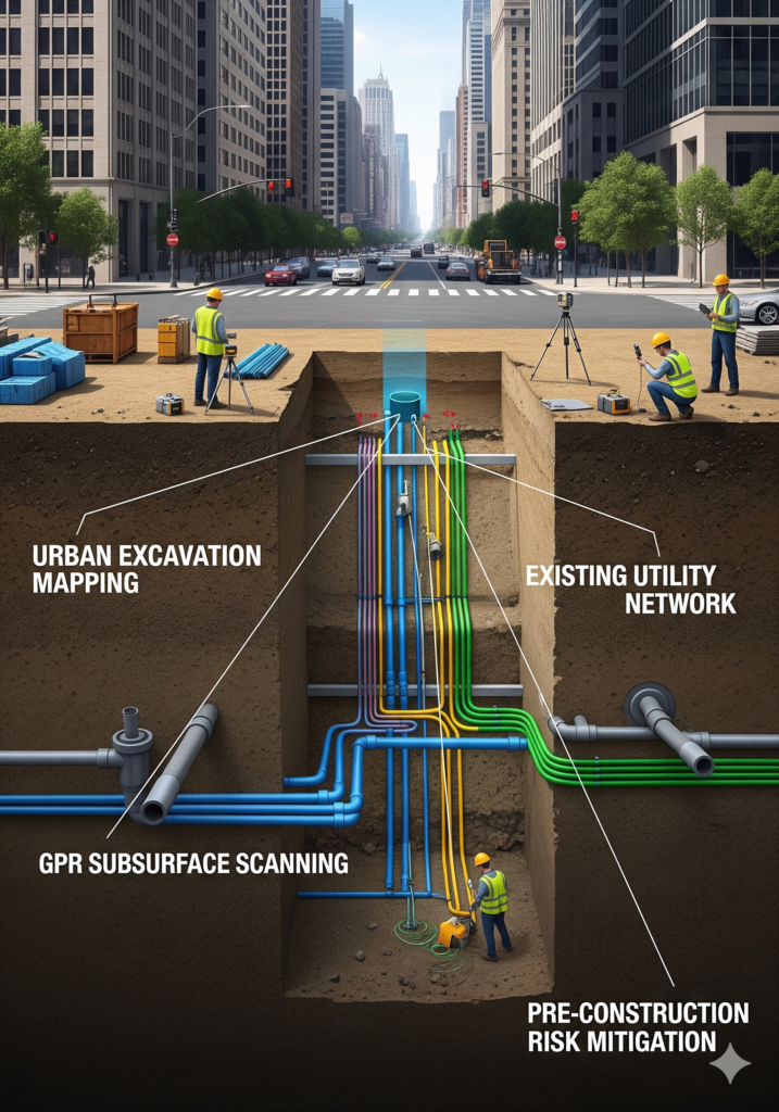 A detailed, full-color isometric cross-section of an urban parking excavation project in a busy city. Above ground, technicians in MAYA safety gear operate GPR equipment on a construction site flanked by skyscrapers. Below the surface, a clear 3D visualization reveals a dense and complex network of existing color-coded utilities like water pipes, electrical conduits, and sewer lines. White labels point to 'URBAN EXCAVATION MAPPING', 'EXISTING UTILITY NETWORK', 'GPR SUBSURFACE SCANNING', and 'PRE-CONSTRUCTION RISK MITIGATION'.