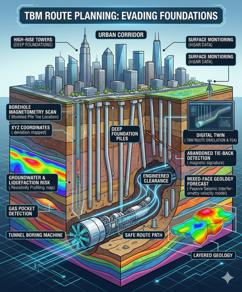 Detailed 3D infographic of a TBM navigating through deep urban foundations.