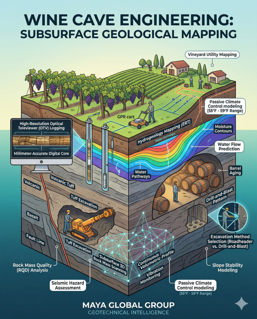 A 3D cross-section infographic illustrating subsurface geological mapping and excavation planning for a wine cave beneath an active vineyard.