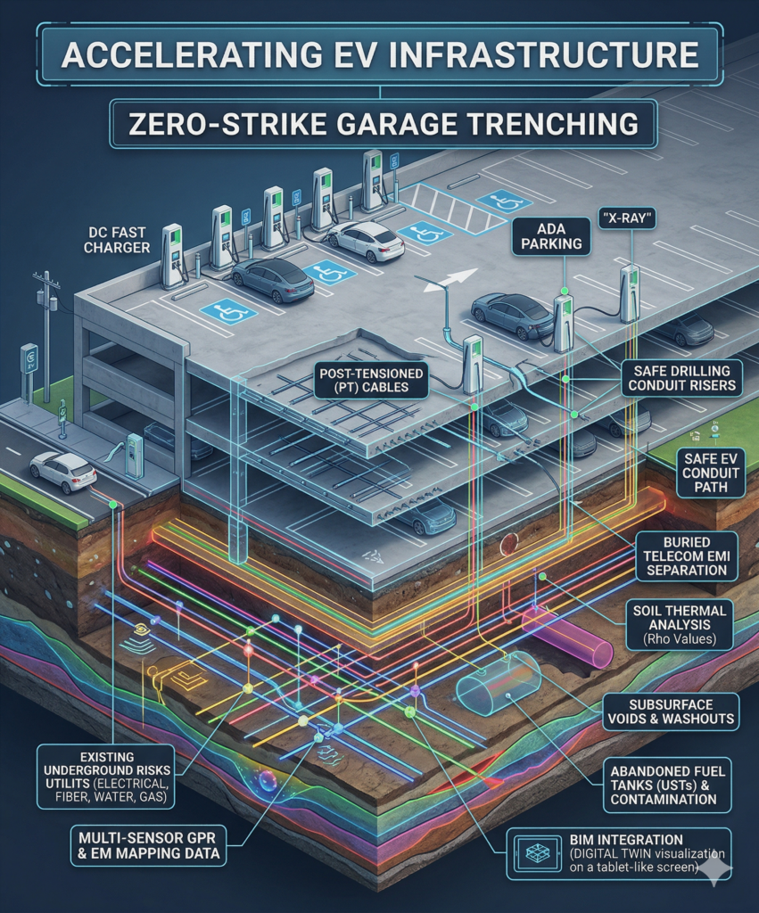Infographic of zero-strike EV infrastructure installation in a parking garage using subsurface mapping.