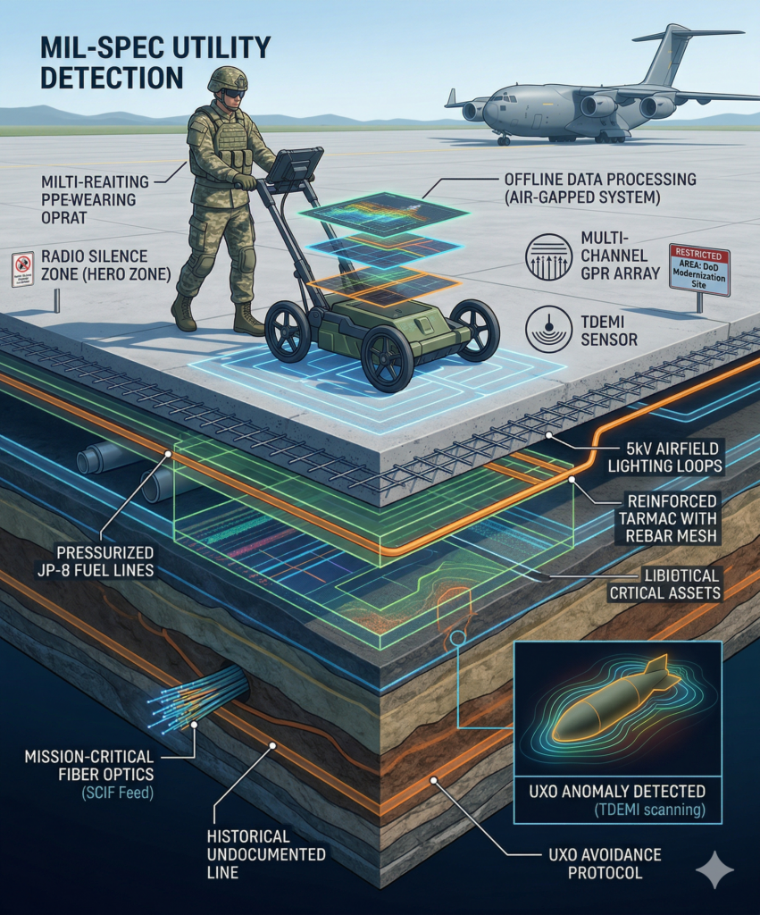 A 3D digital cross-section of a military airfield demonstrating subsurface utility mapping and UXO detection for secure base modernization.