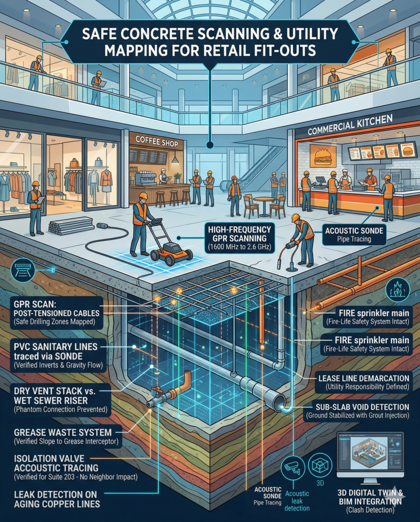 Isometric infographic illustrating safe subsurface utility mapping and concrete scanning for a retail mall fit-out.