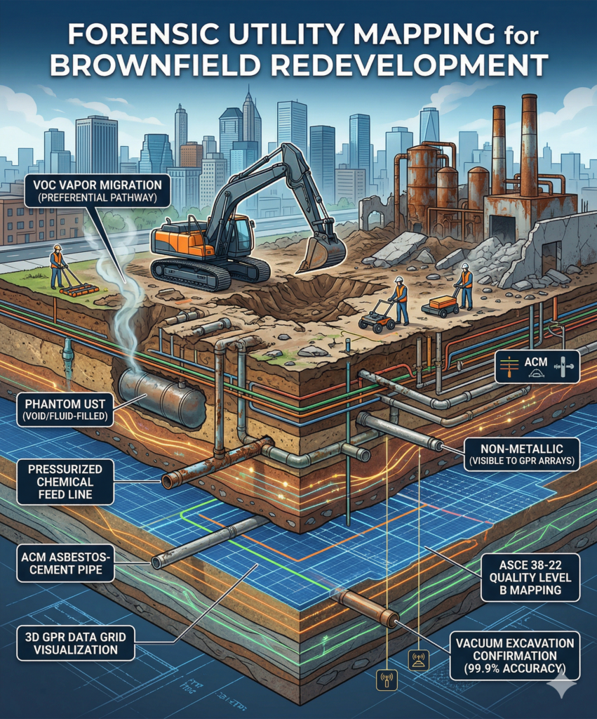 A 3D cross-section illustration of a brownfield redevelopment site showing an excavator above and mapped underground utilities and hazards below.