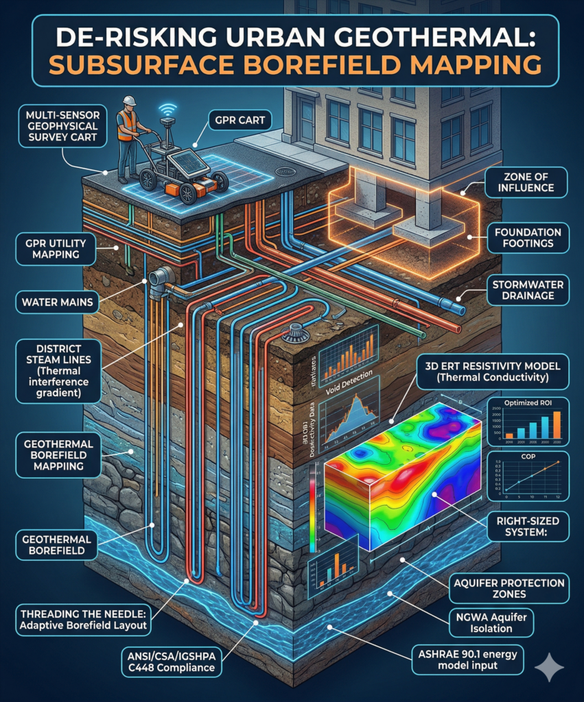 A 3D cross-section infographic illustrating subsurface utility mapping for safe urban geothermal borefield installation