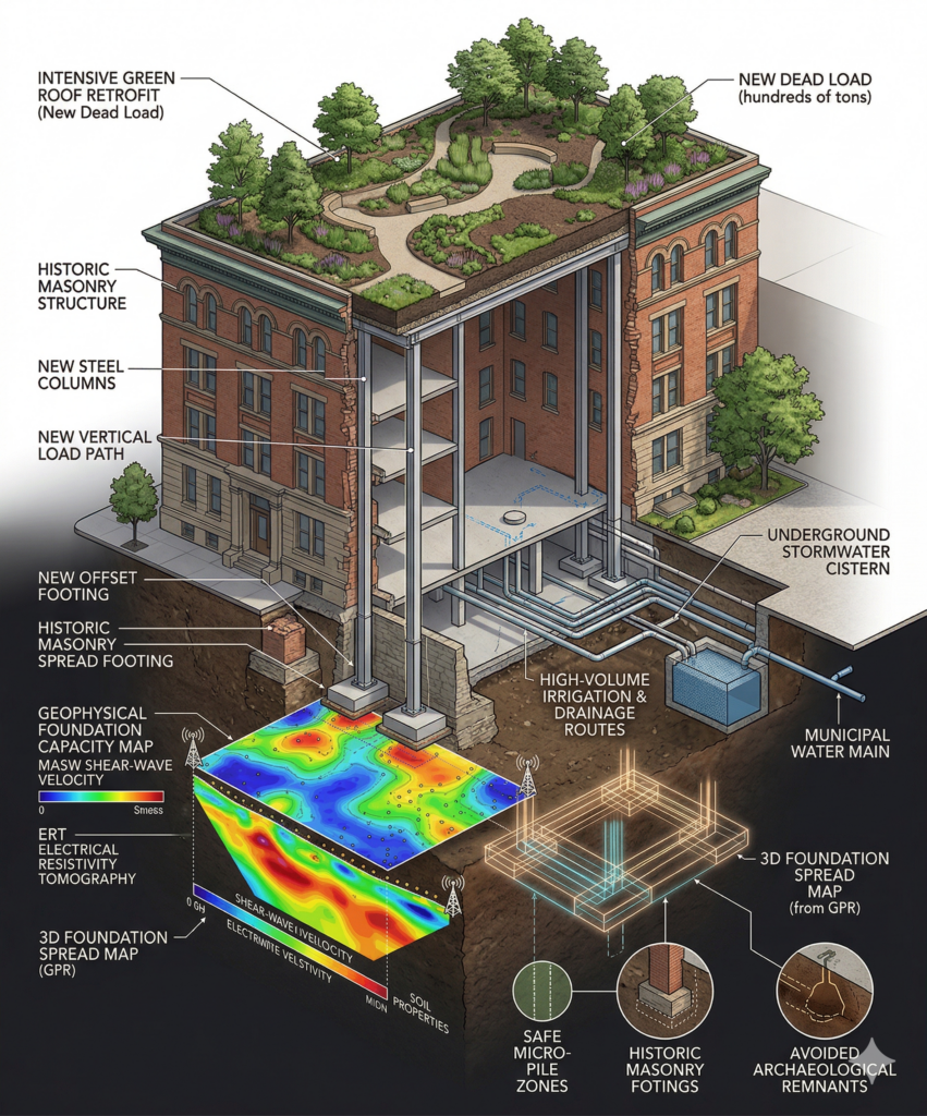 A 3D cross-section illustrating subsurface foundation mapping and structural reinforcements for a historic building's green roof retrofit.