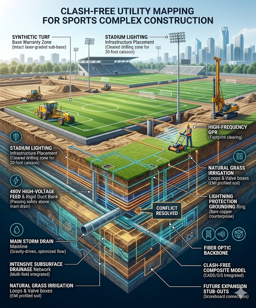 A 3D cross-section infographic illustrating subsurface utility mapping for a sports complex construction.