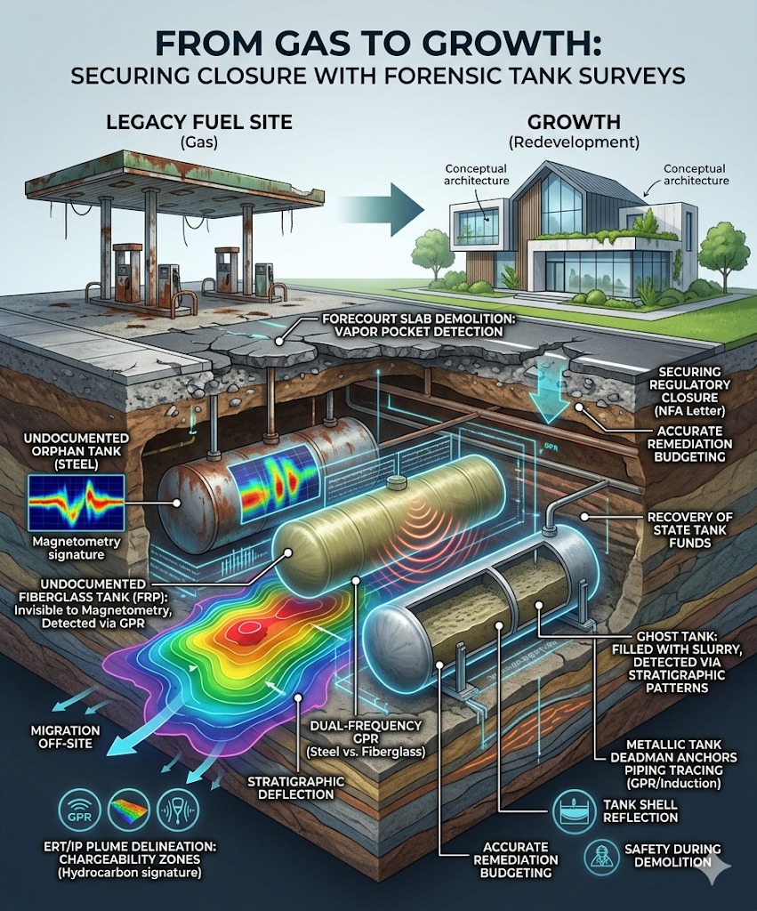 A 3D cross-section infographic illustrating forensic subsurface mapping of legacy underground storage tanks at a gas station redevelopment site.