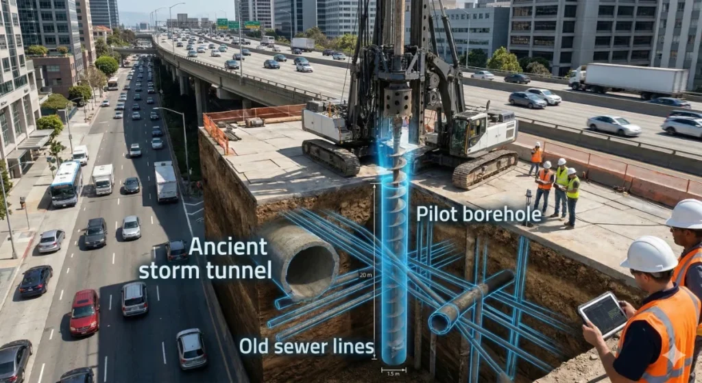 Construction site illustrating subsurface utility mapping