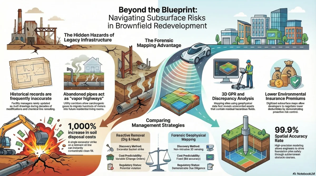Infographic about brownfield redevelopment and subsurface risks.