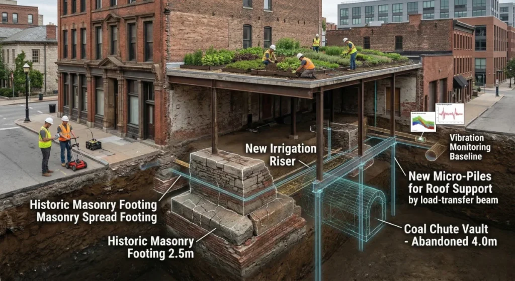 Construction workers on a green roof project.