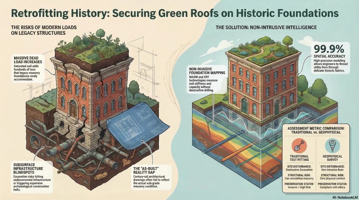Illustration of green roofs on historic buildings.