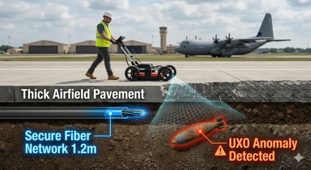 GPR operator detecting UXO under airfield pavement