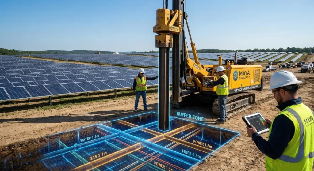 Construction workers operating drilling equipment at solar farm