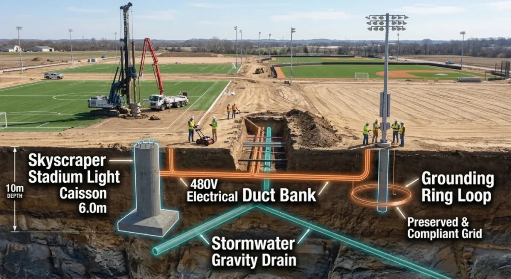 Utility coordination for sports complex installation