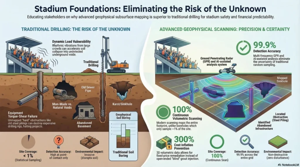 Infographic on stadium construction risks and geophysical scanning