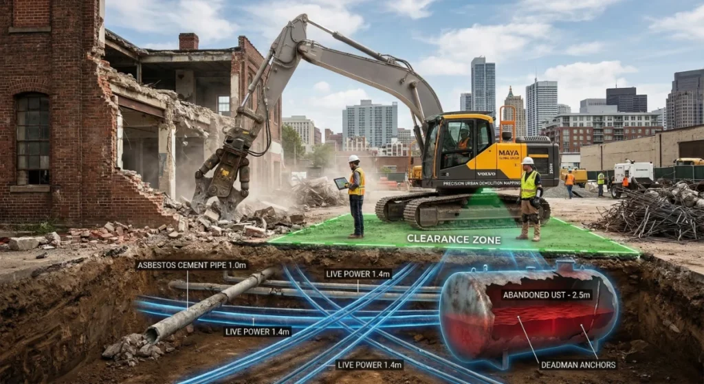 Excavator demolishing building with underground mapping details.