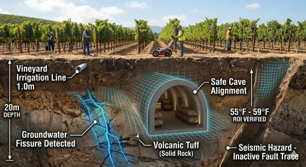 Vineyard underground investigation with people and tools