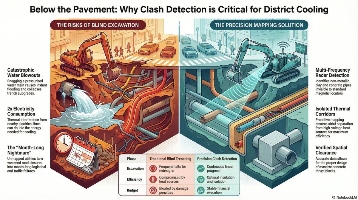 Illustration of clash detection in urban cooling networks