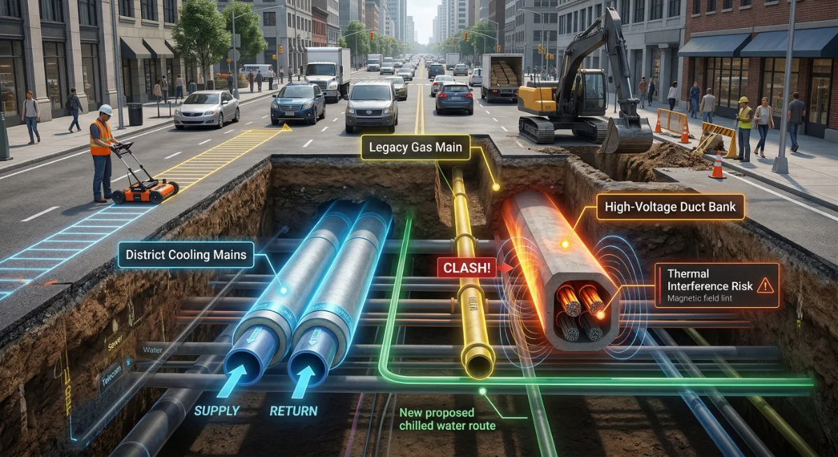 Construction site showing underground utility conflicts