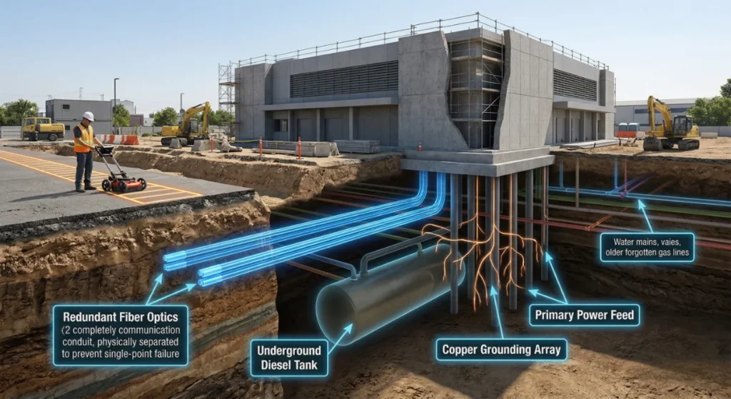 Construction site showing underground utilities with visible components.