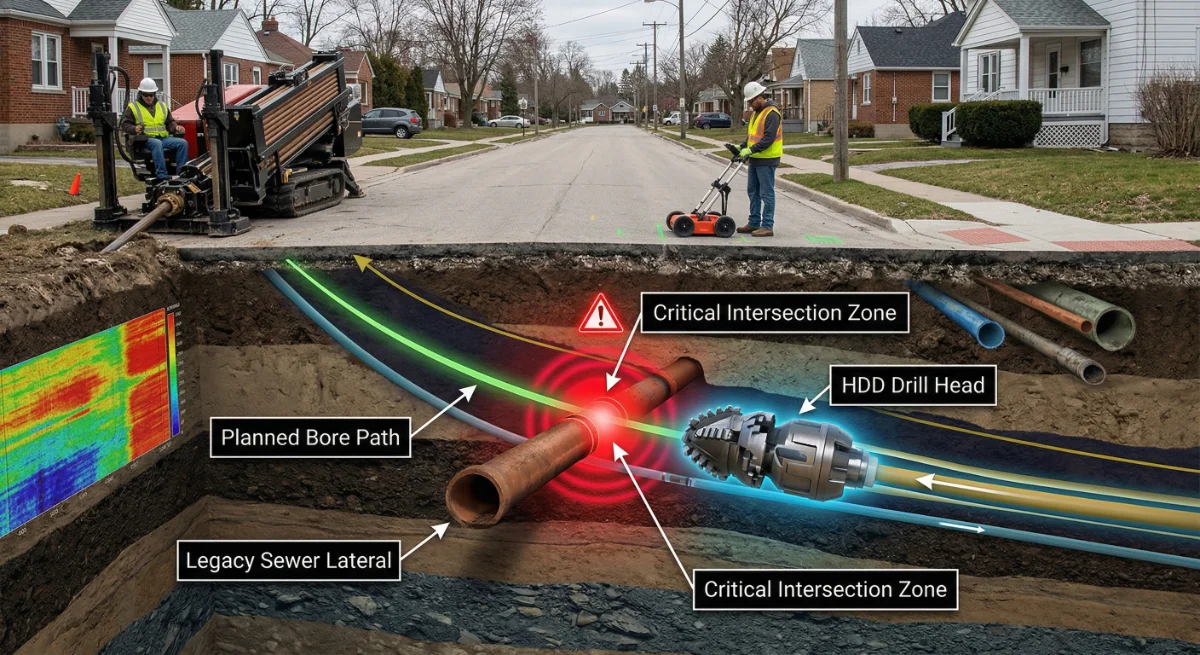 Construction site with HDD drill and utilities diagram