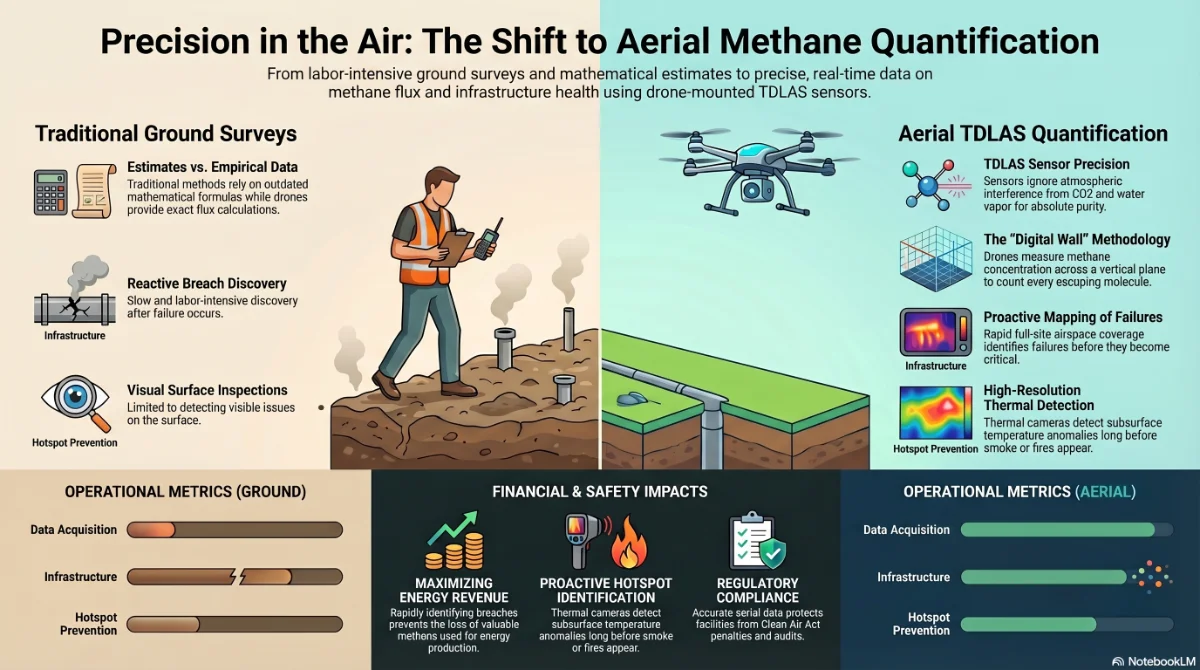Infographic comparing traditional ground surveys and aerial methane quantification