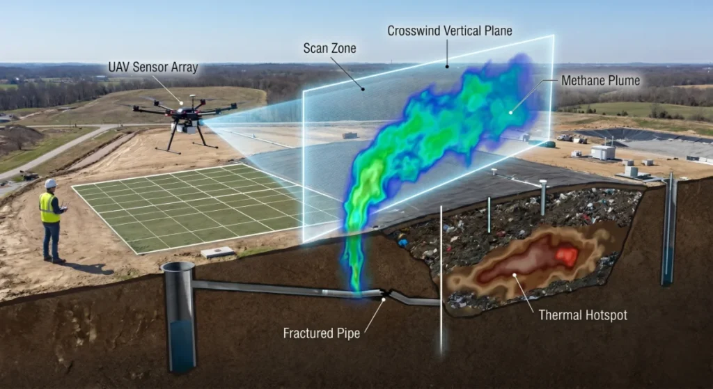 UAV flying over landfill with methane plume