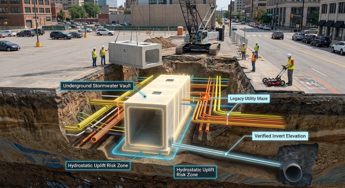 Construction site showing underground stormwater infrastructure