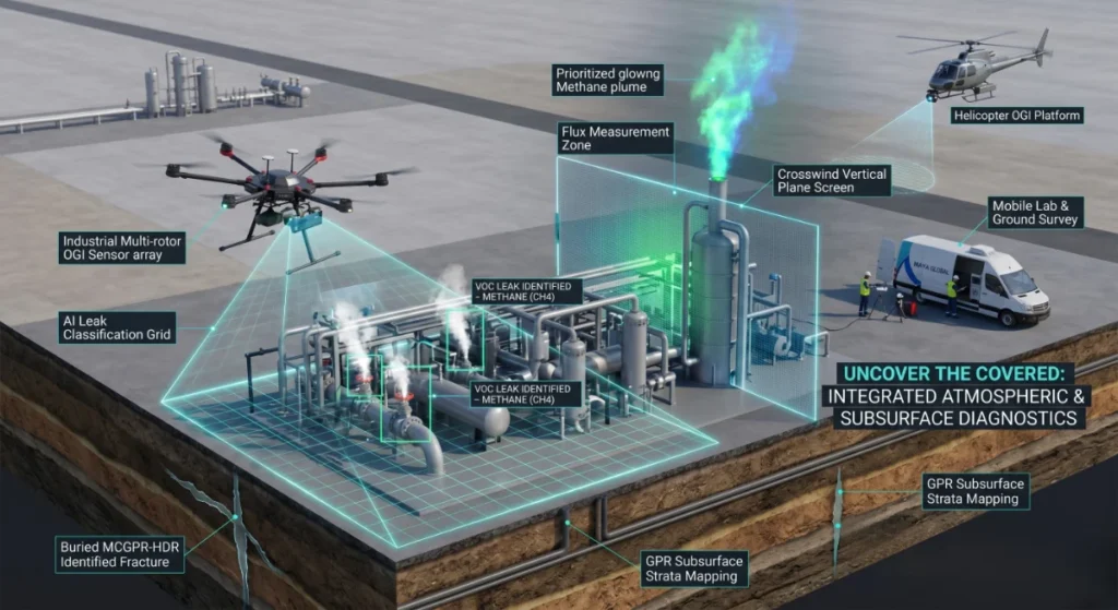 Drone detecting methane plume in industrial plant.