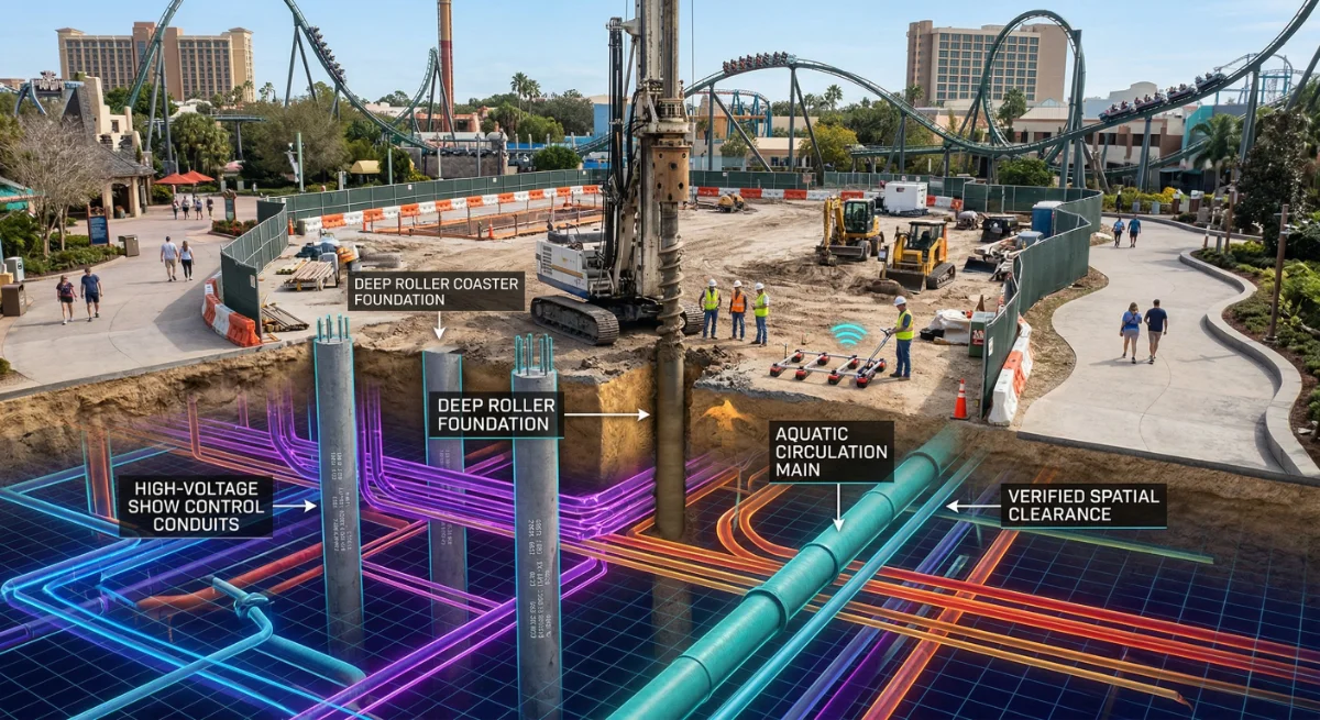 Subterranean utilities and construction site for a roller coaster
