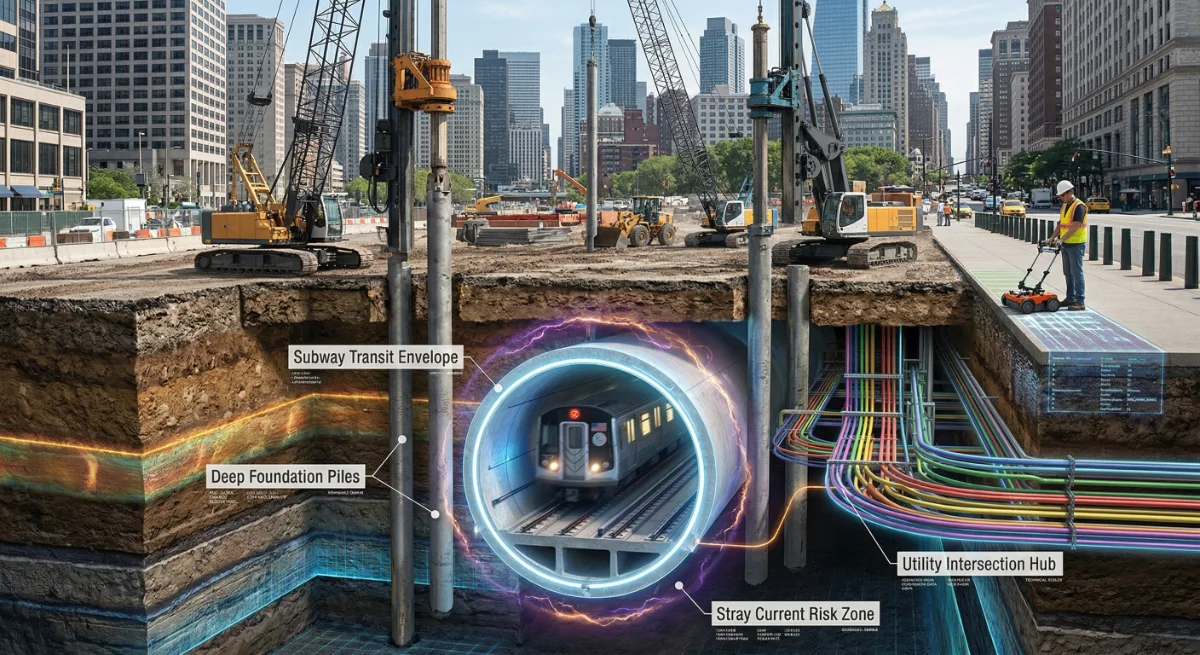 Construction site with deep foundation piles and utilities